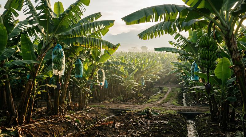 Plantación de banano con racimos enfundados en bolsas azules, un canal de riego y un camino entre los lotes