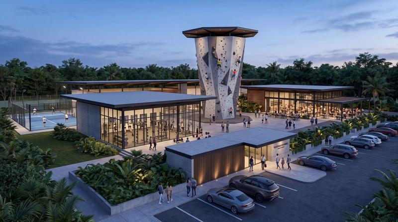 Visualización de un campus deportivo con torre de escalada
