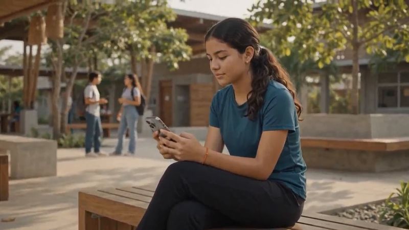 Una joven espera en el campus con su teléfono