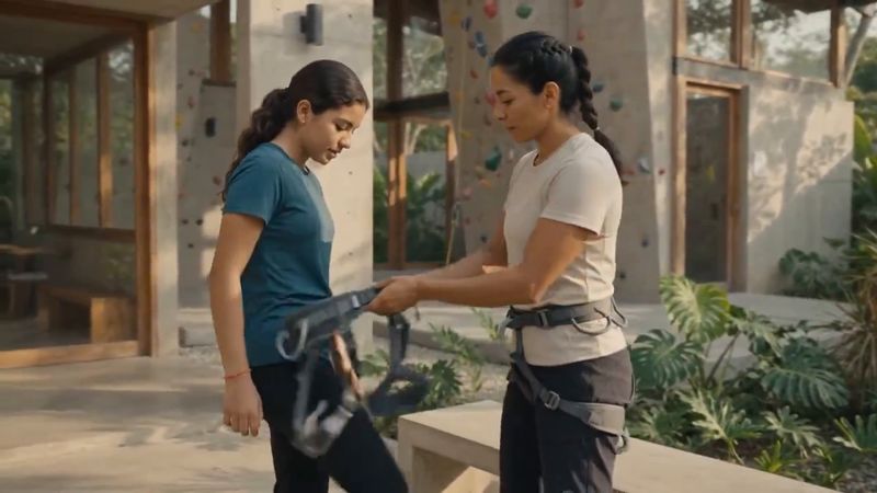 Dos personas preparan el arnés