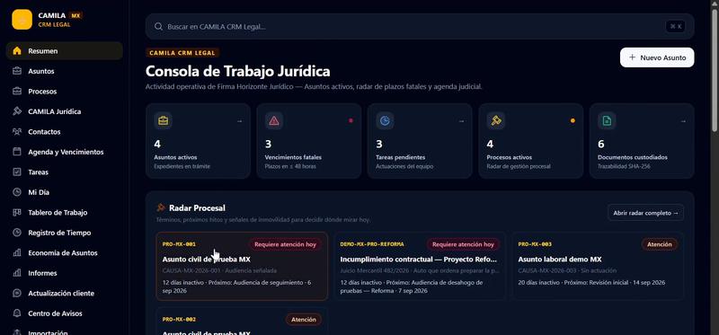 Consola de trabajo jurídica con el radar procesal